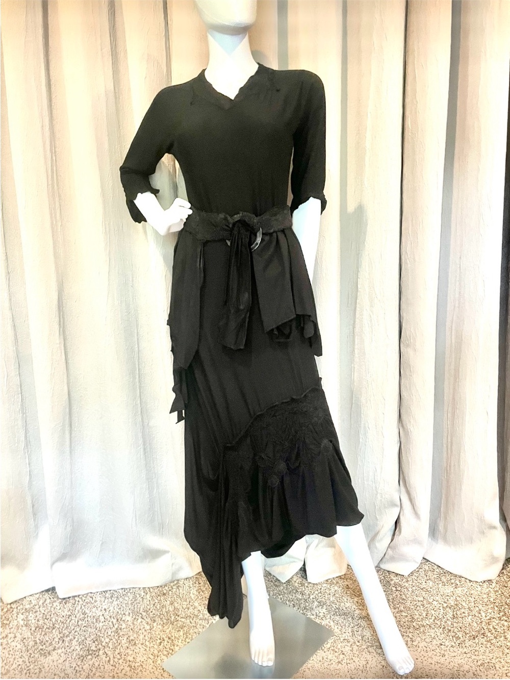 Tatiana Palnitska beautiful Black Asymmetric Tiered Maxi Dress with Waist Tie.